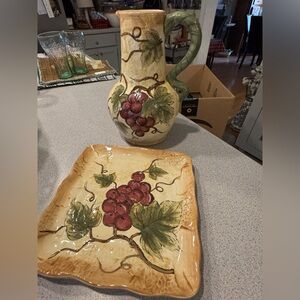 Hand-Painted Grapevine Pitcher and Tray Set